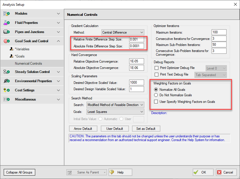 The Numerical Controls panel of Analysis Setup.